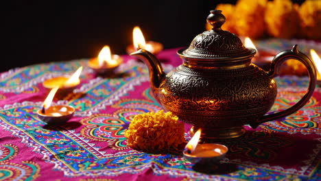 indian teapot and diyas