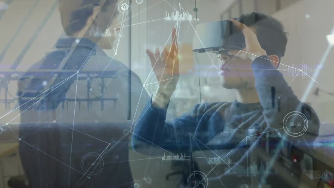 vr 헤드과 워크에서 일하는 노동자를 사용하여 두 인종 남자를 통해 연결 네트워크의 애니메이션