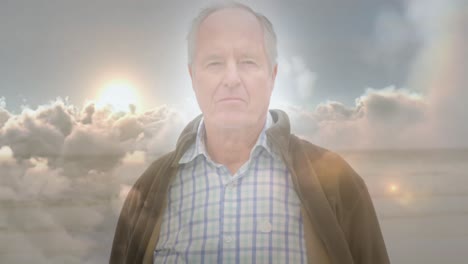 animación de luces brillantes sobre un hombre caucásico mayor triste