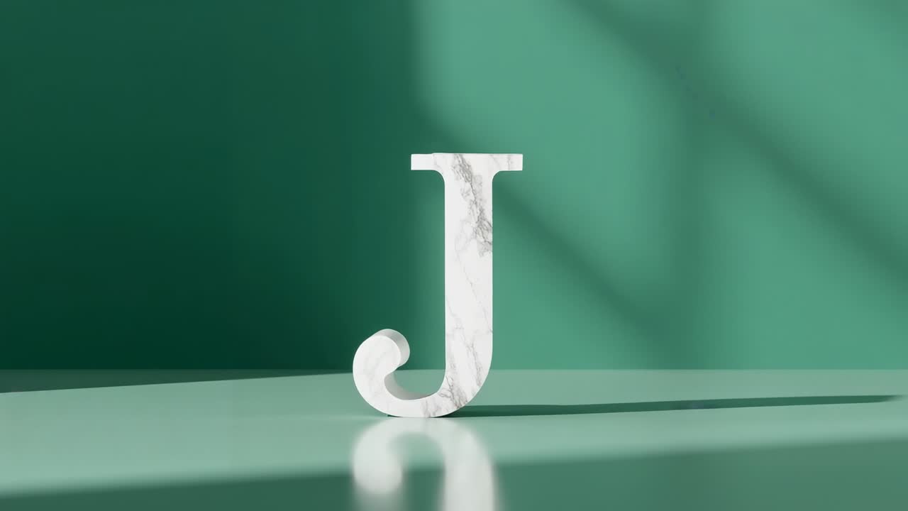 Rotating marble J on mint-green platform after initial frame prompt, revealing curled tail