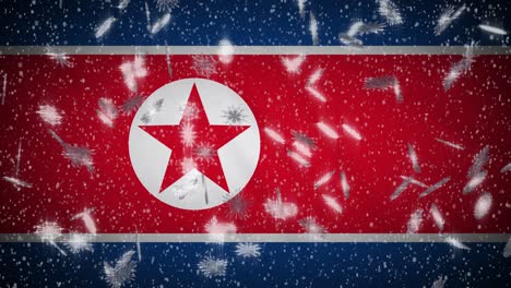 bandera de corea del norte caída de nieve en bucle, año nuevo y navidad fondo, bucle