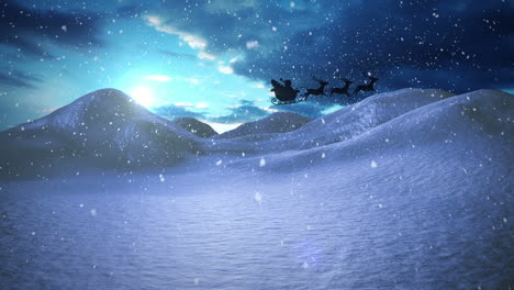 animation of snow falling over silhouette of santa claus in sleigh with reindeer in winter scenery