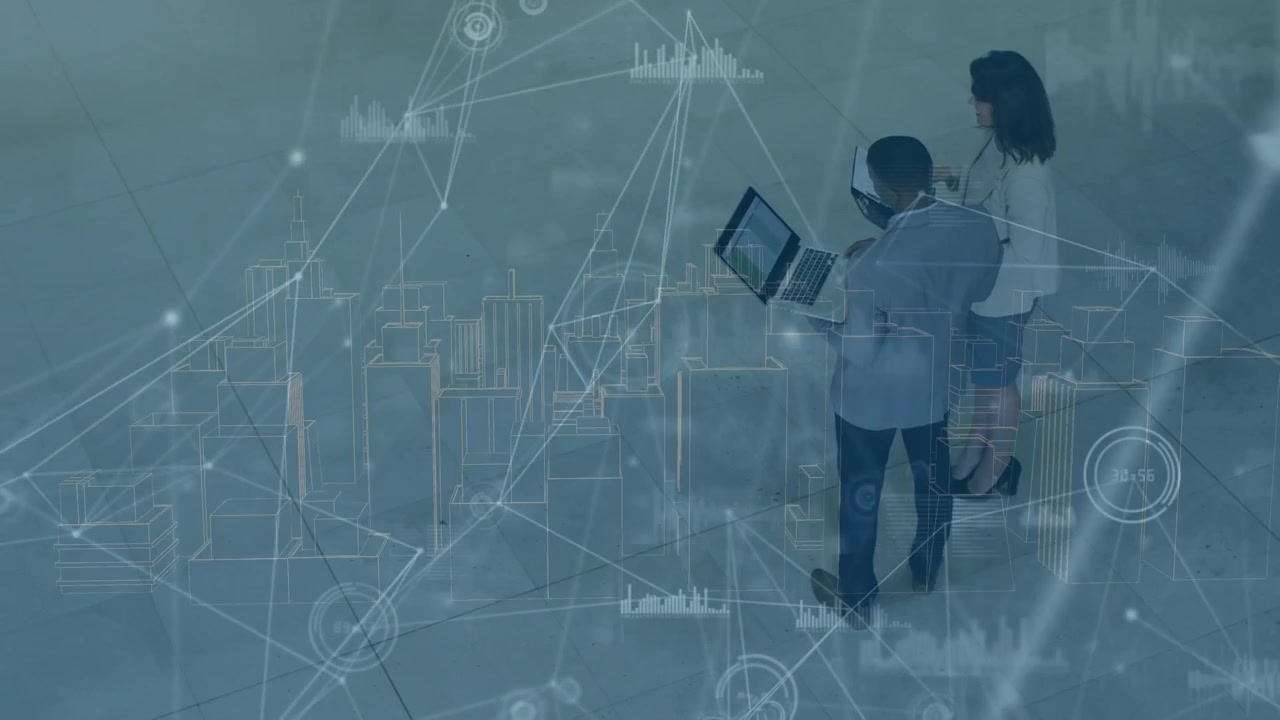 Animation of data processing over diverse business people in office