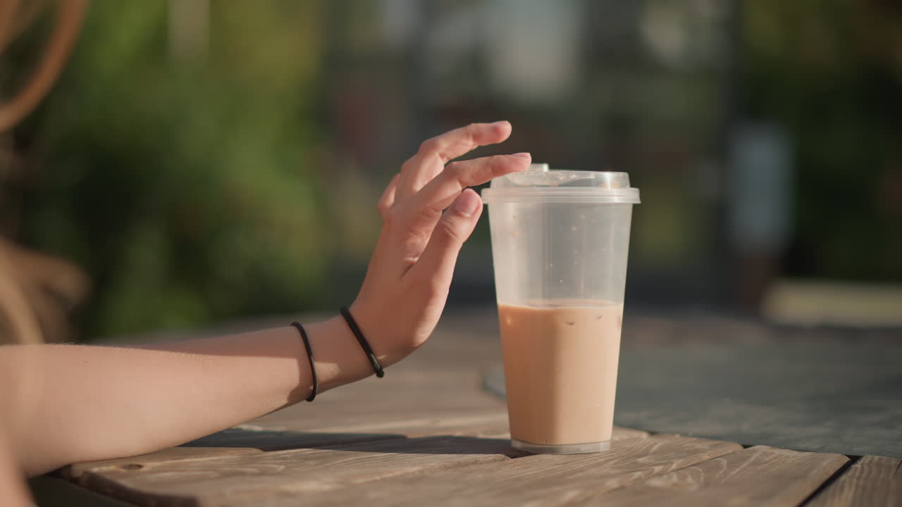Tazza di caffè freddo su un tavolo di legno mentre una giovane donna allunga la mano con il polso adornato da un braccialetto, le dita sfiorano il coperchio di plastica, la luce soffusa del sole e il bokeh del parco creano un'atmosfera estiva rilassata, catturando un lento movimento spontaneo
