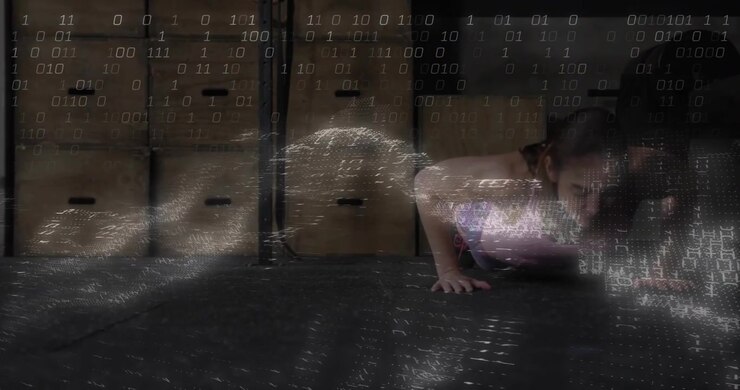 Woman bending and placing hands, starting pushup for fitness with binary wave across floor and body