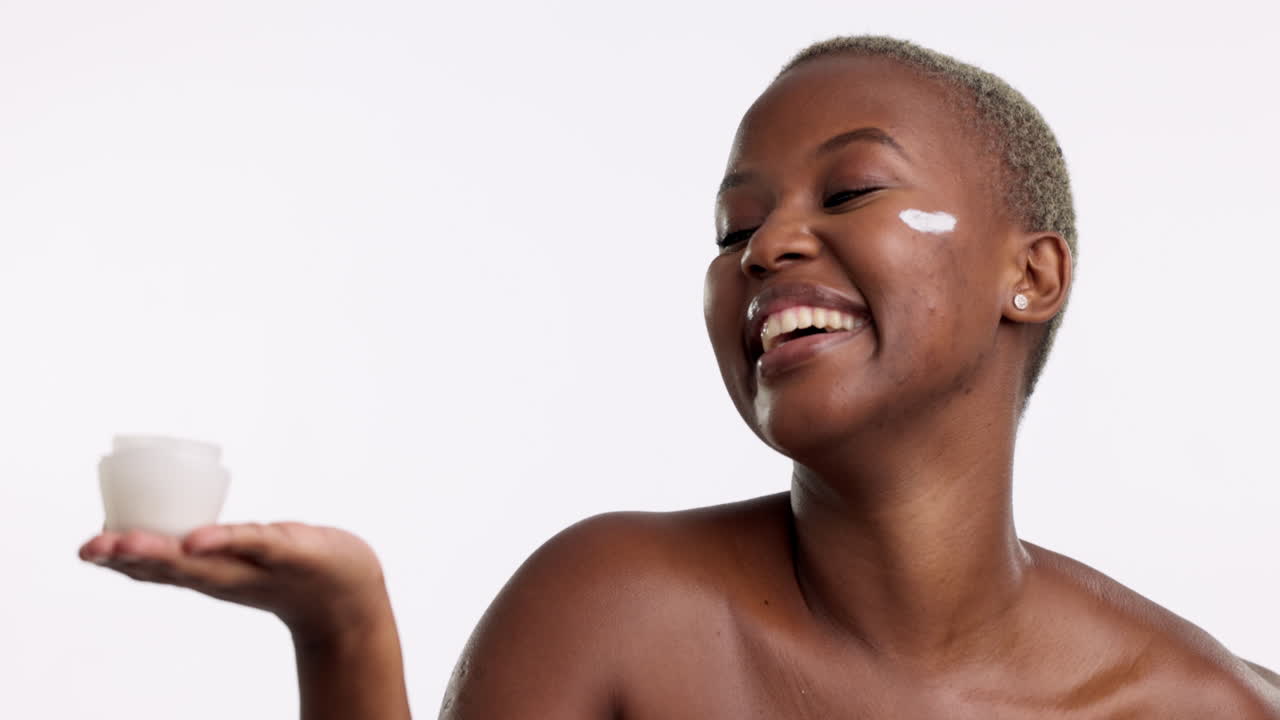 Skincare, hands and happy black woman with face