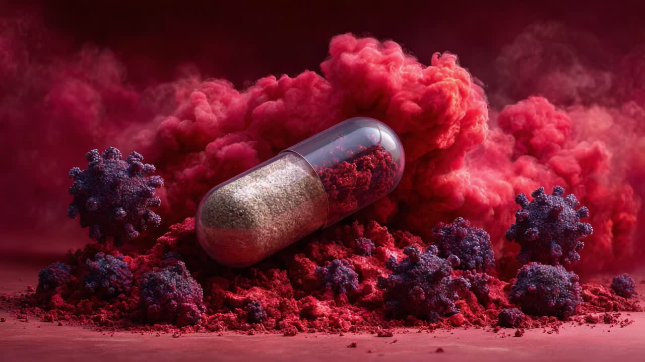 Exploring the Intersection of Pharmaceuticals and Microbiology: A Dramatic Visual of a Capsule Amidst Viral Structures and Colorful Smoke
