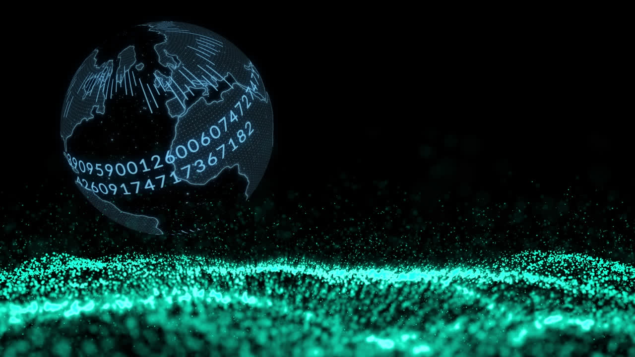 반이는 검은 바탕에 점점 더 많은 숫자를 가진 회전하는 지구의 애니메이션