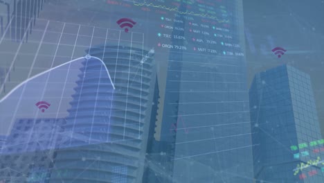 Animation-of-skyscrapers-with-wifi-symbols-and-a-network-of-connections