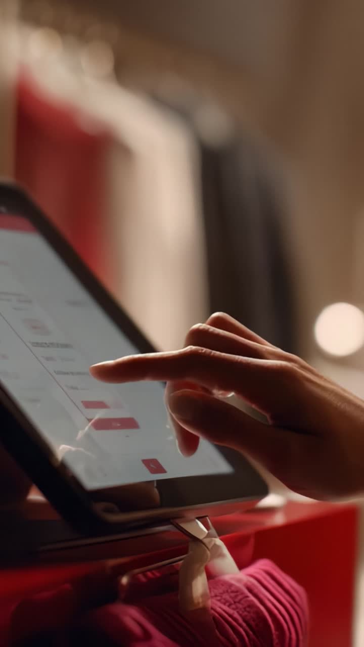 Exploring Digital Retail: A Close-Up on a User Interacting with a Tablet in a Modern Shopping Environment Focused on Online Purchases and Inventory Management