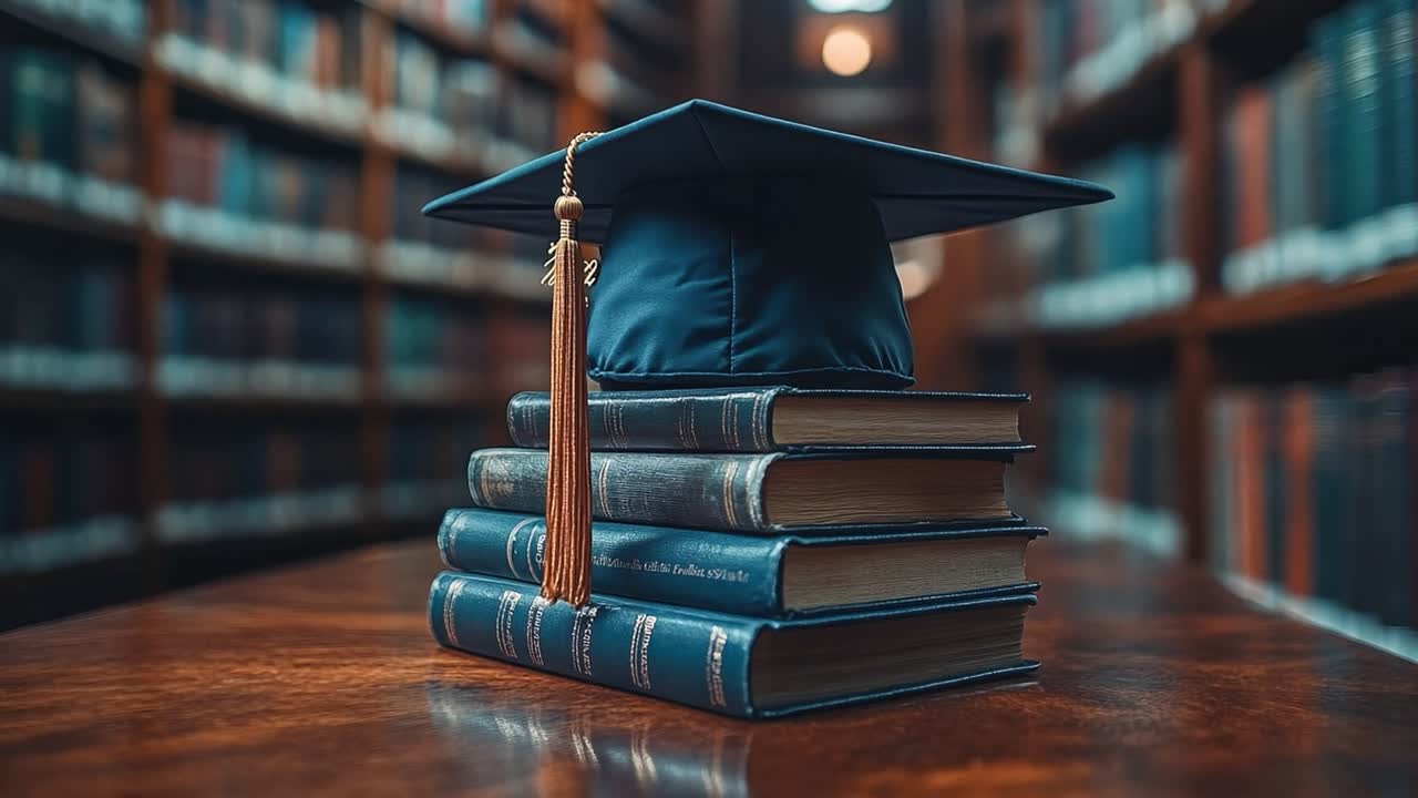 Graduation cap on a stack of books in a library