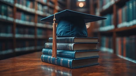 graduation cap on a stack of books in a library