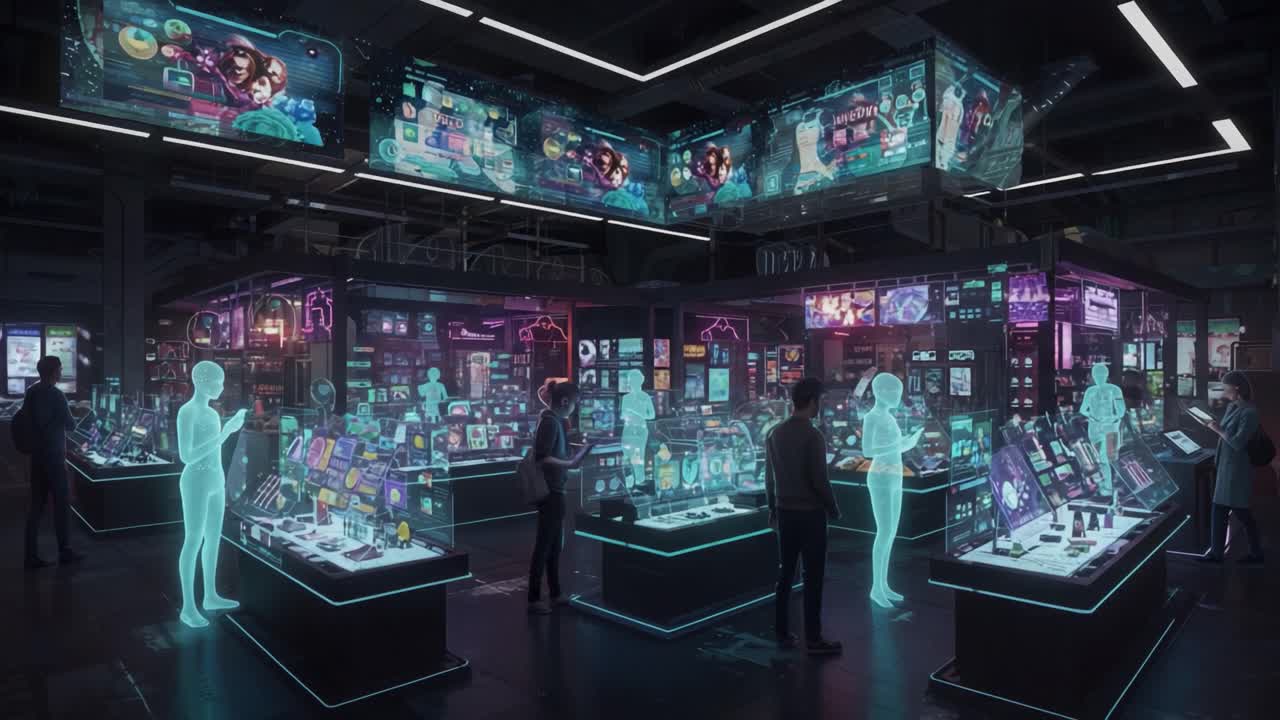 A futuristic digital marketplace filled with holographic displays and interactive technology, showcasing products and engaging users in an immersive shopping experience