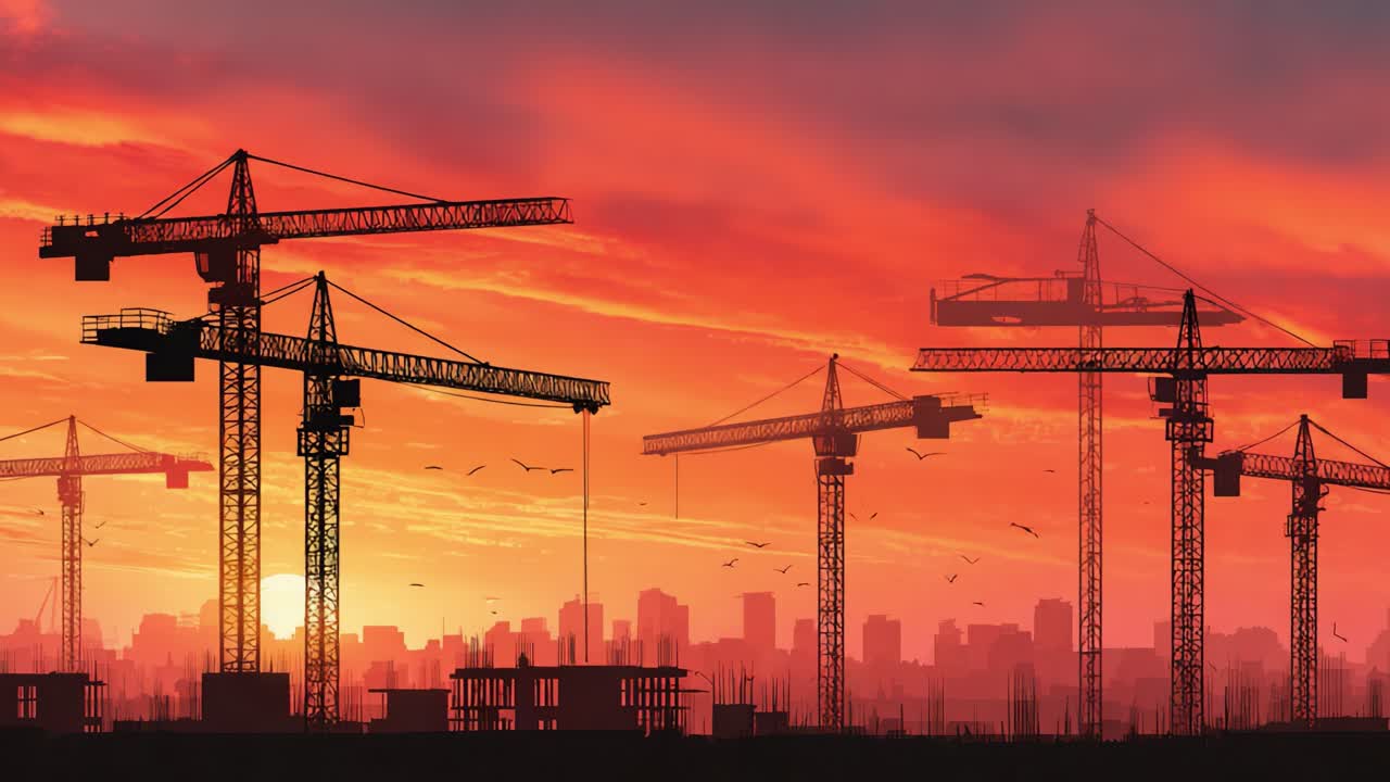 Silhouetted Construction Cranes Against a Vivid Sunset, Showcasing Urban Development and Industrial Growth in an Expanding City Skyline