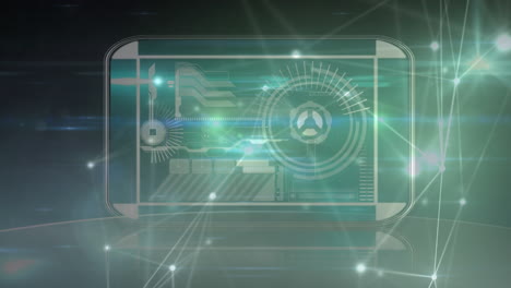 animación del procesamiento de datos en pantalla a través de una red de conexiones