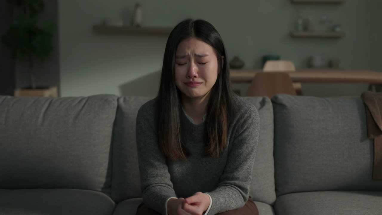 Young Woman Crying and Distressed on a Couch