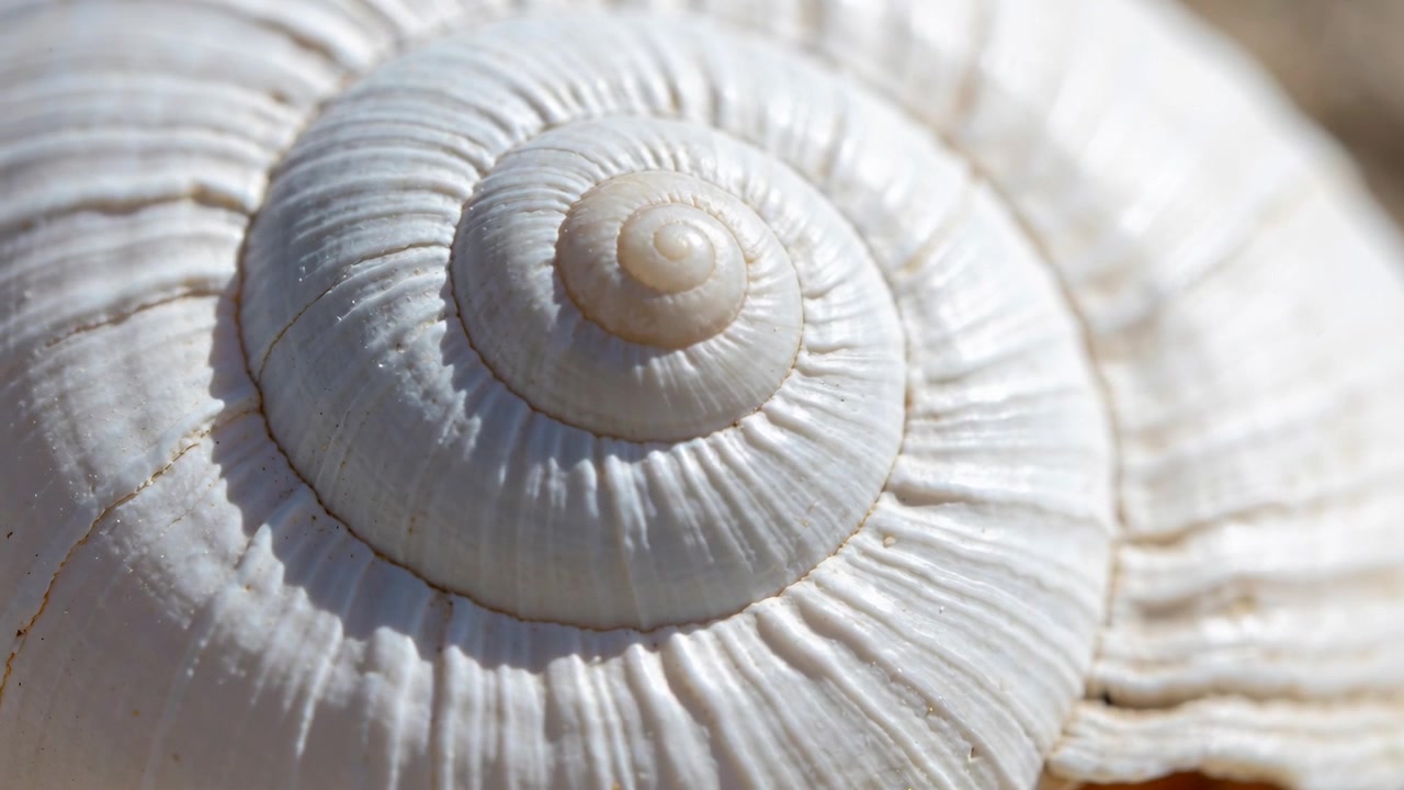 Camera pulling closer, white spiral seashell revealing concentric ridges on sand to show detail