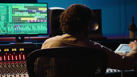 audio technician working in control room to edit and process tracks