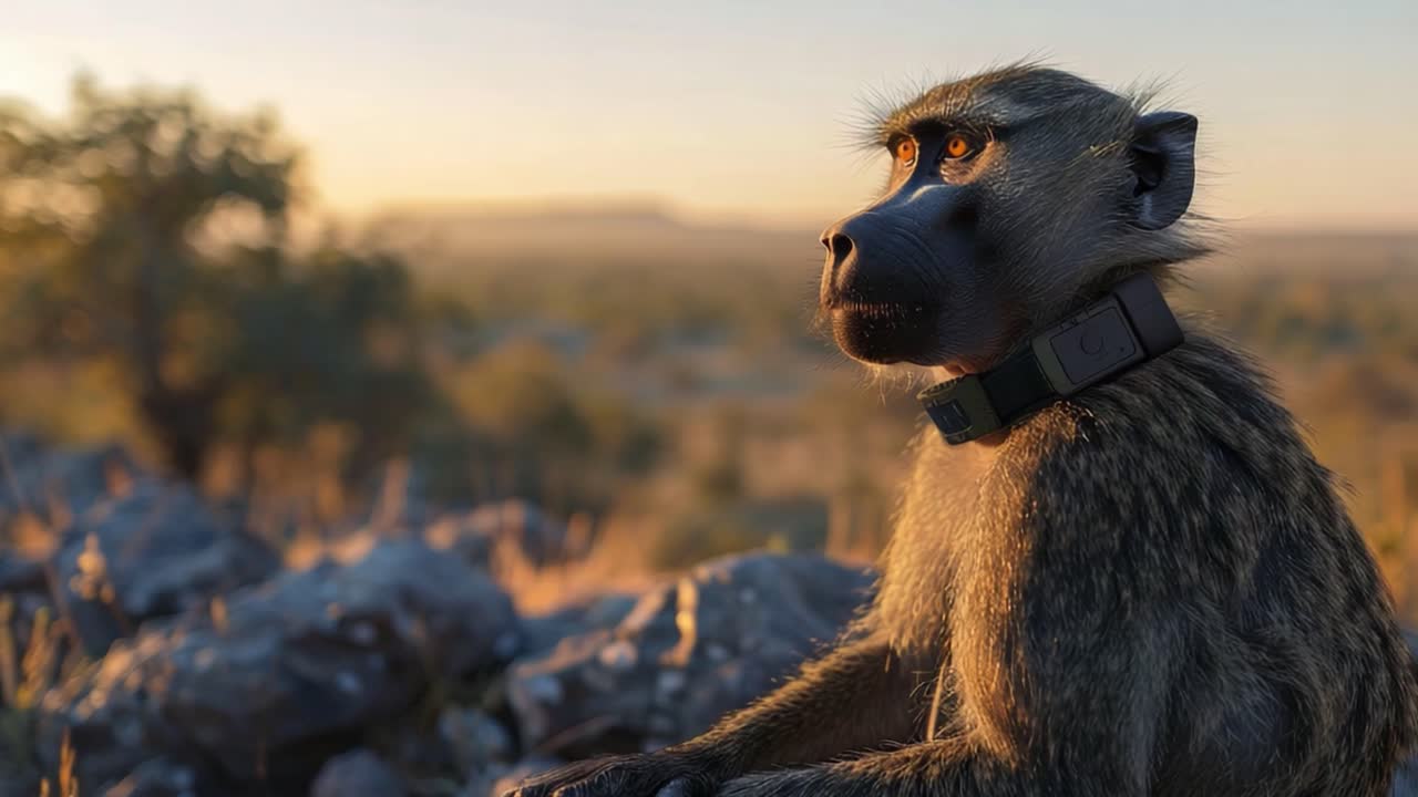 Baboon with Collar in Natural Habitat