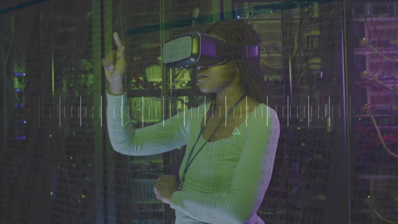 woman wearing VR headset raising hand and syncing holographic bars indicating server performance