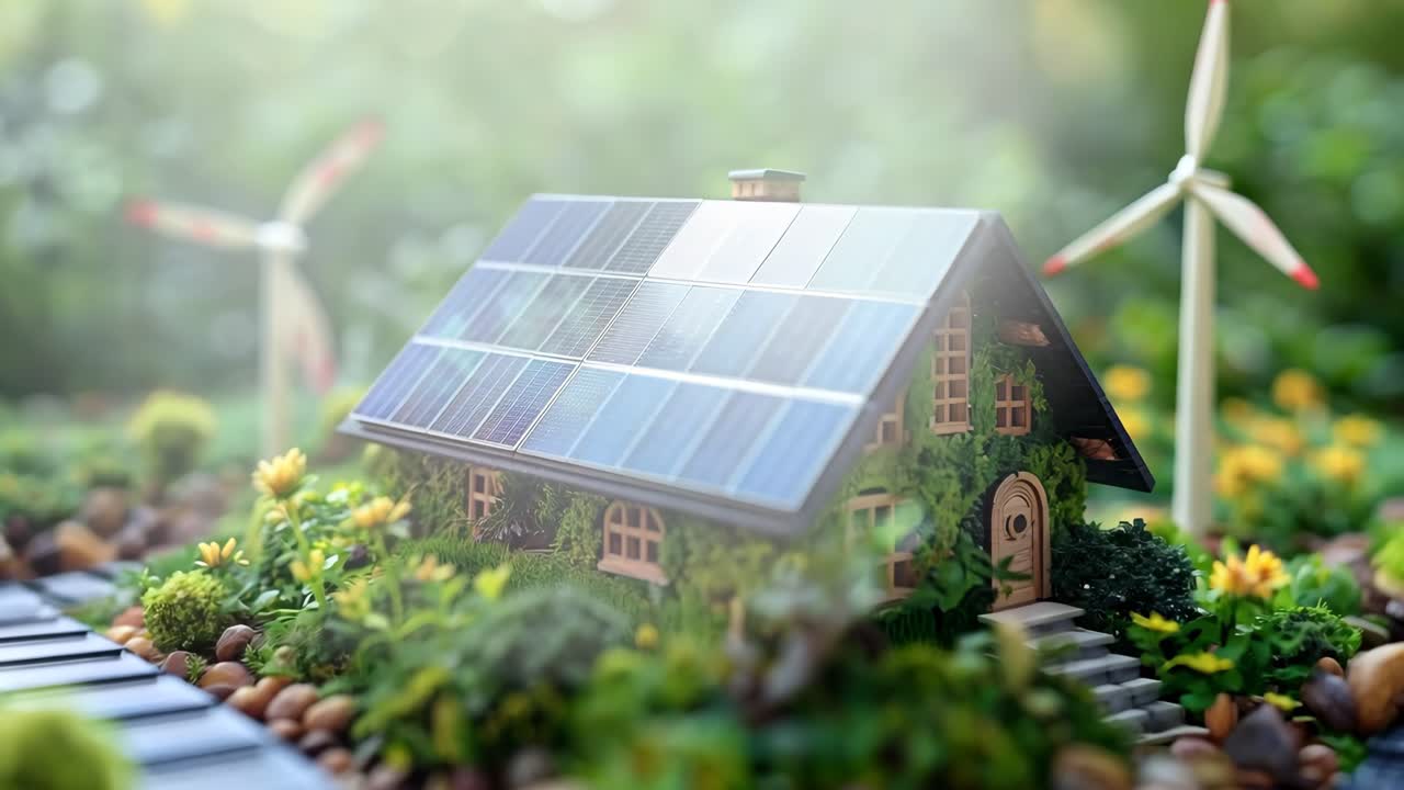 A small house with a green roof and a wind turbine on top. The house is surrounded by a garden and rocks