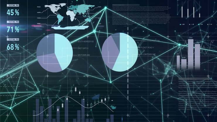 Animation of financial data processing over dark background