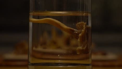 throwing mushrooms into a water for cinematic, advertisement effect