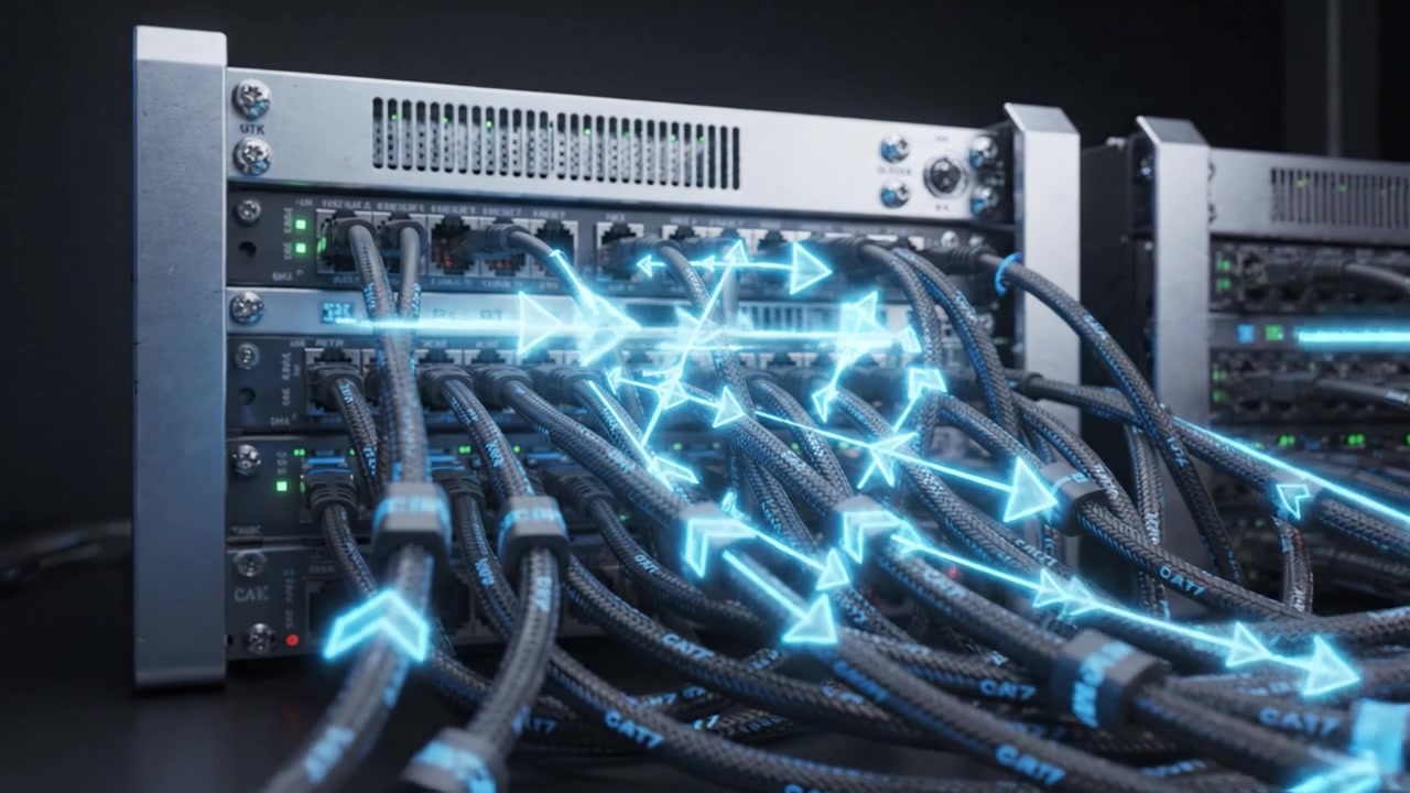 Intricate Network of High-Tech Server Connections Highlighting Data Flow and Connectivity in Modern Computing Infrastructure with Optical Cables and Ports