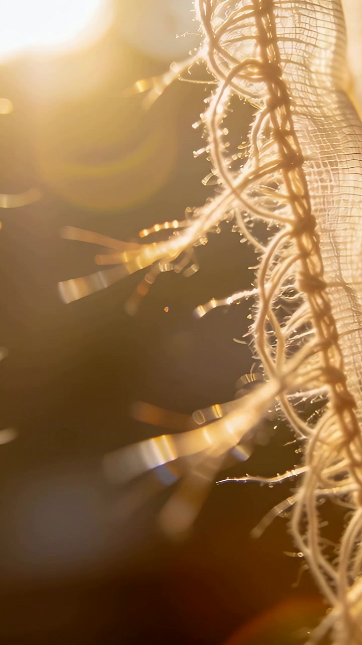 Vertical video: Glinting knotted fringe catching sun outside window, dust motes shining, copy space
