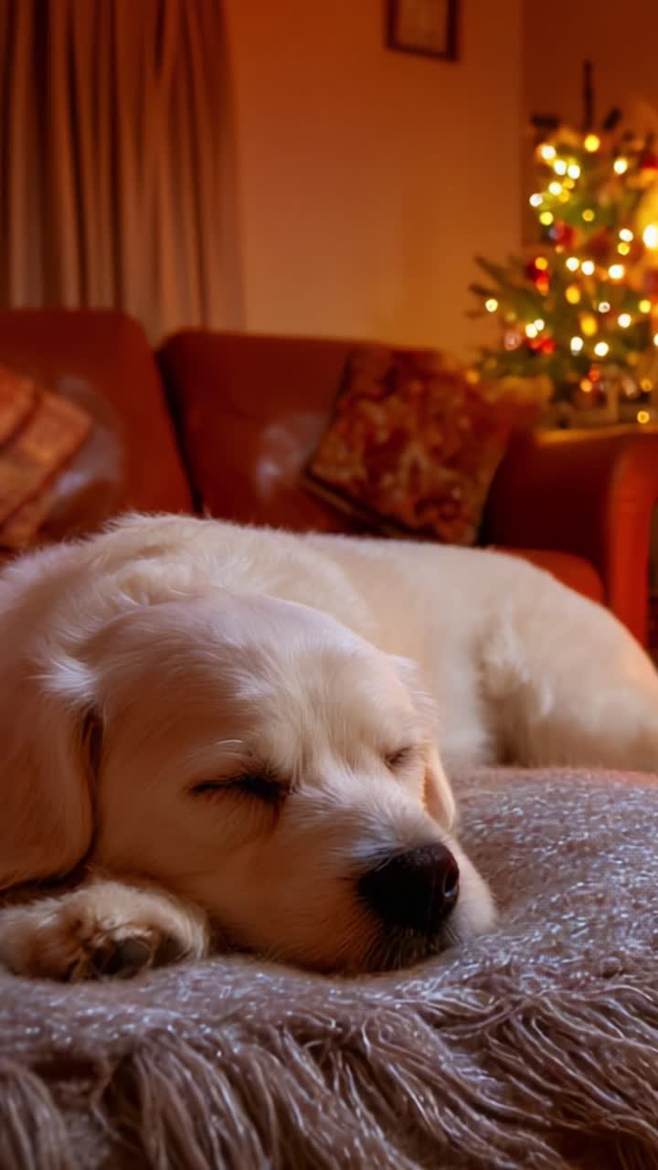 A Peaceful Evening with a Sleeping Golden Retriever Surrounded by Warm Ambience and Festive Lights, Illustrating Cozy Moments in a Comfortable Living Room Setting