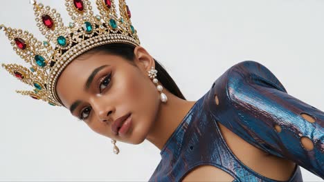 a stunning portrait of a regal model wearing an ornate crown, exuding elegance and confidence in a shimmering outfit, captured in two distinct frames