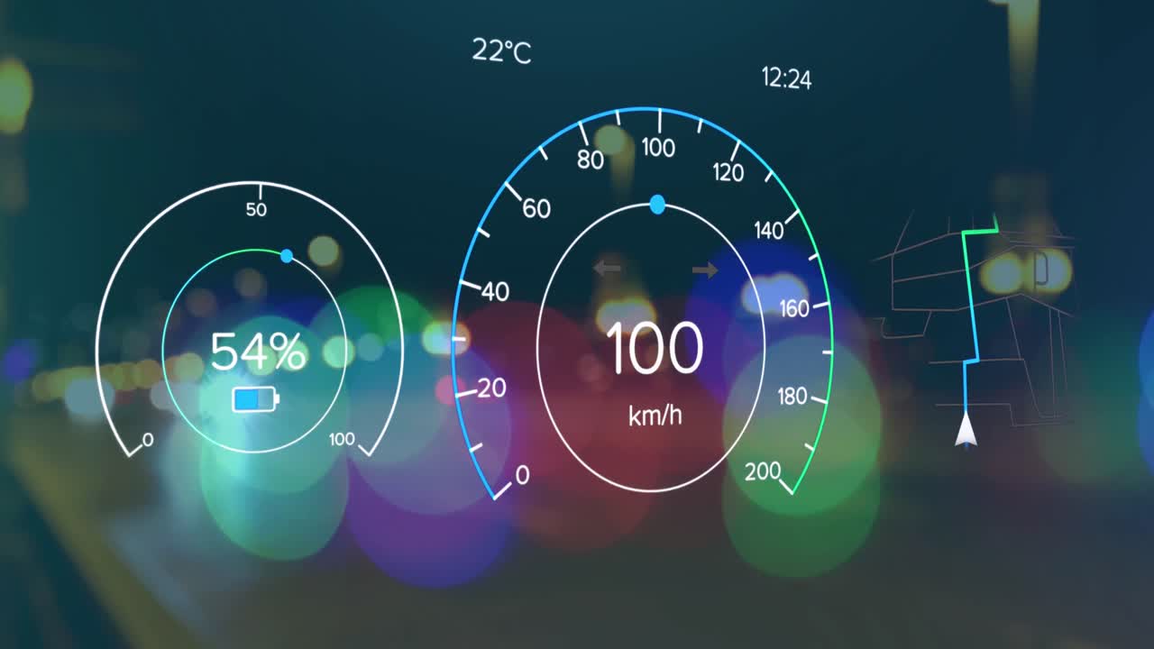도시를 가로지르는 전기 자동차 속도계 데이터 처리 애니메이션