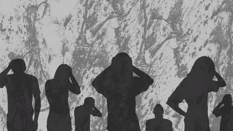 Animation-of-people-silhouettes-over-shapes-on-grey-background