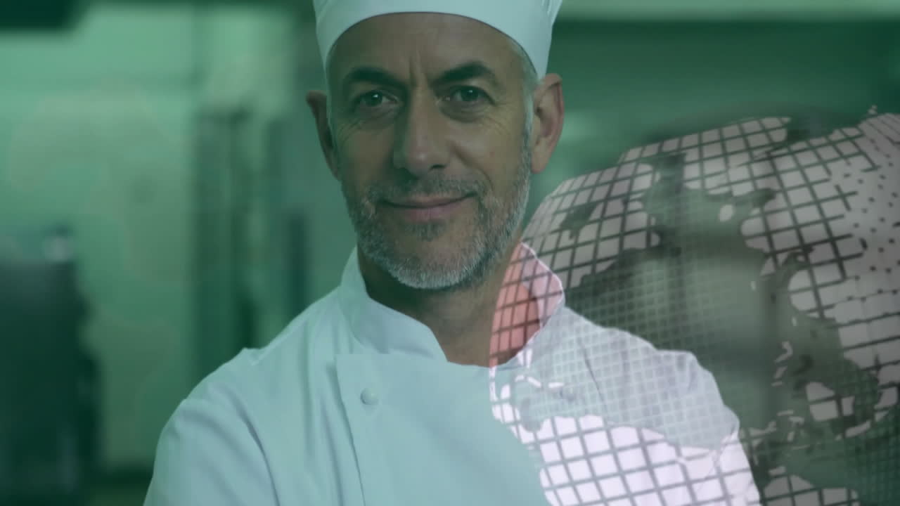 Chef in white uniform with food preparation animation over kitchen background