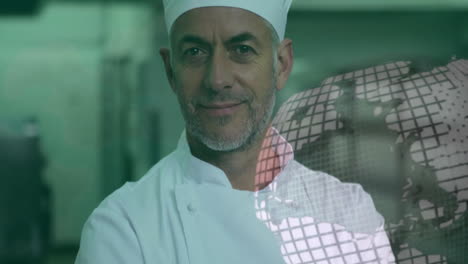 chef in white uniform with food preparation animation over kitchen background