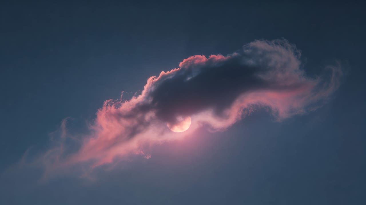 Drifting dark cloud with pink edges being nudged by calm wind at twilight, revealing bright moon