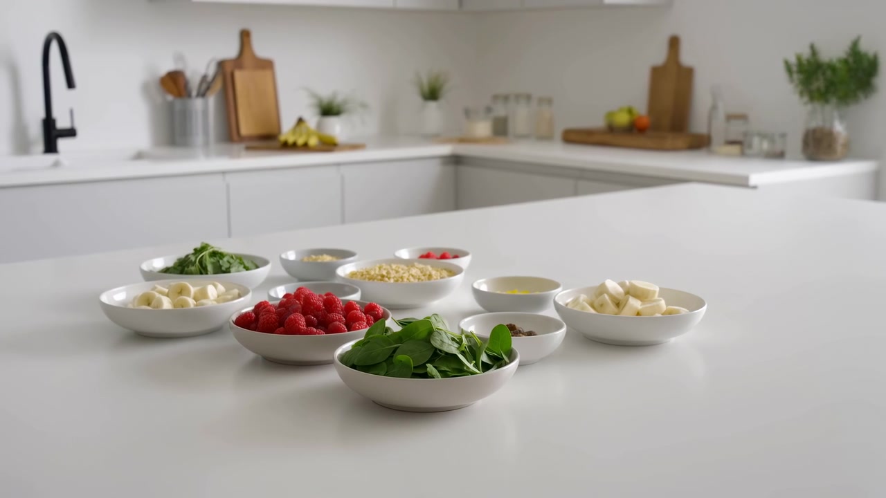 Low-angle kitchen counter with bowls of fresh ingredients arranged on glossy white countertop with shallow depth of field and soft diffuse light emphasizing raspberries and spinach