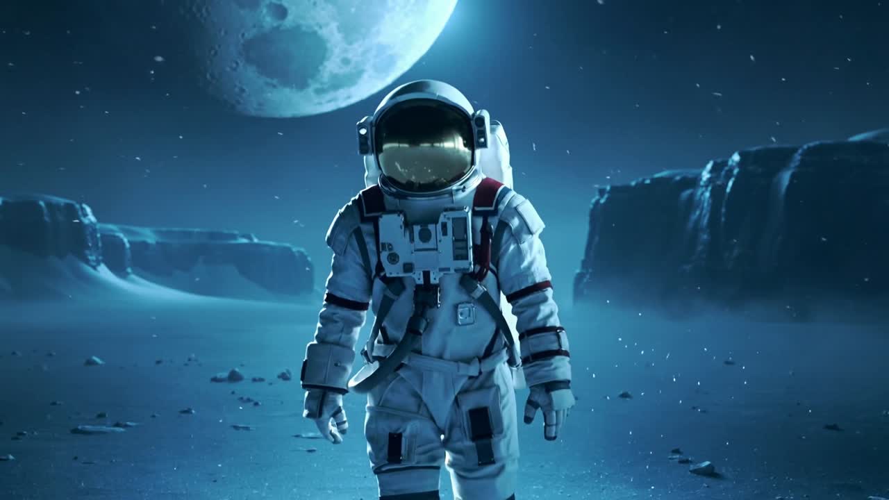 Astronaut i hvid EVA-dragt går tilbage, nærmer sig linsen på måneslette, med guldvisir.