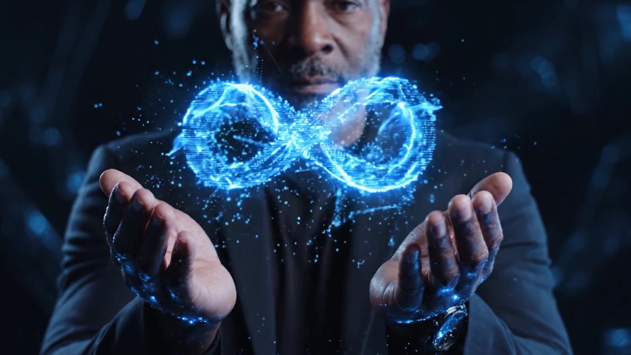 Una cautivadora representación visual del infinito emerge de las manos de una figura serena, ilustrando una fusión de tecnología e iluminación en una impresionante exhibición.
