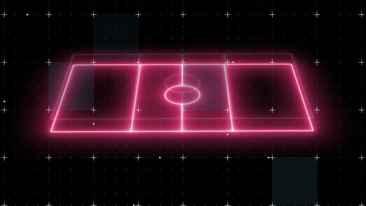Animation of plus signs over computer graphic 3d neon soccer field on digital interface