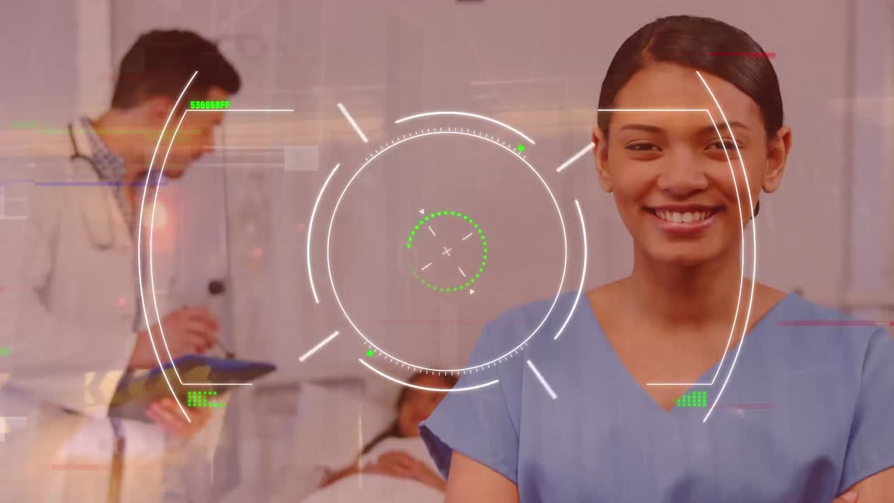 animación del visor sobre una mujer médica de dos razas sonriente