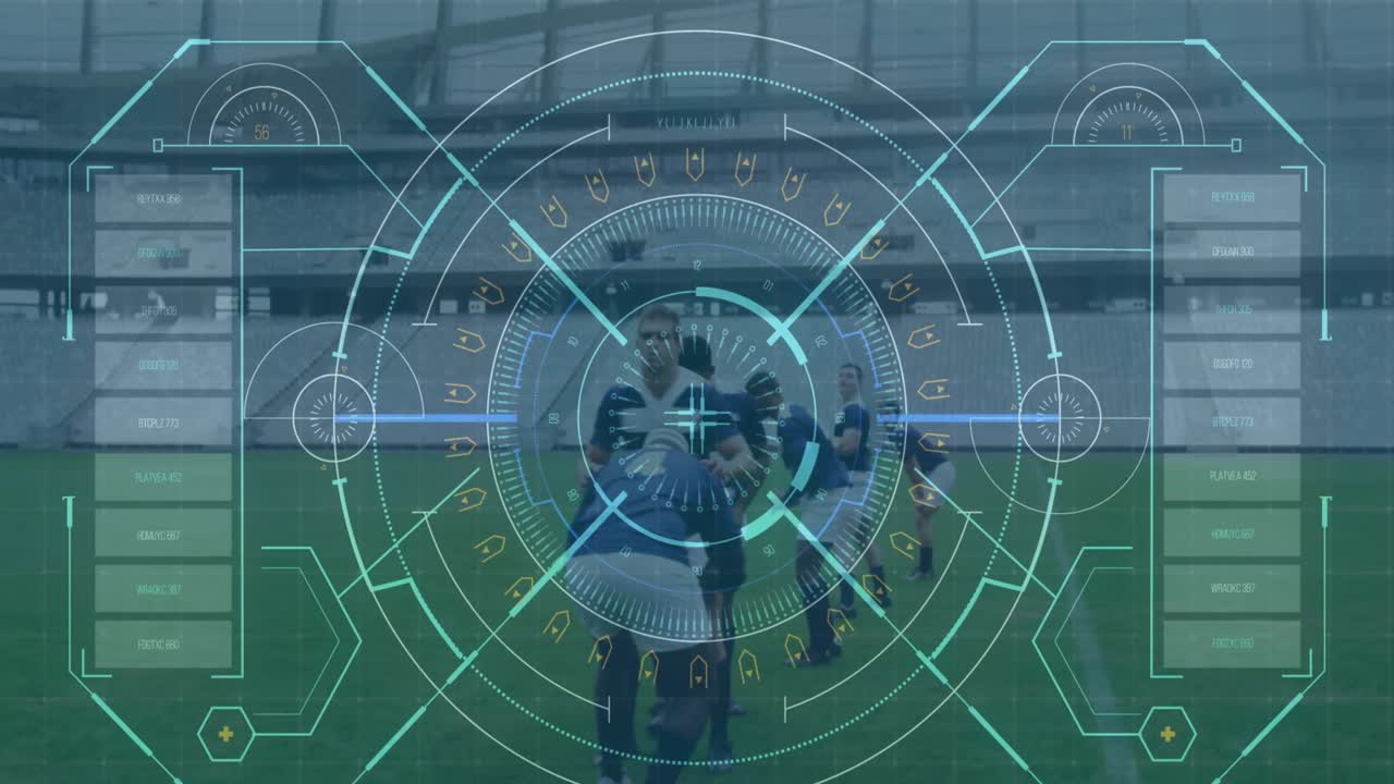 анимация цифрового интерфейса с сканированием масштаба над футбольными игроками