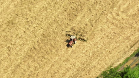 aerial view of a tractor harvesting a golden field during summer, creating rows of cut crops