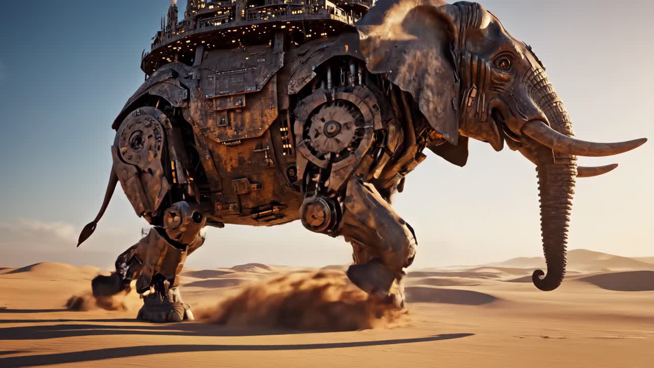 Città steampunk con elefante nel deserto