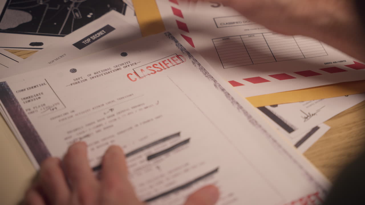 Government agent or analyst marking secret document as classified with stamp. Official sensitive information in top secret folder is labelled to be kept hidden in archive. Conspiracy and cover up