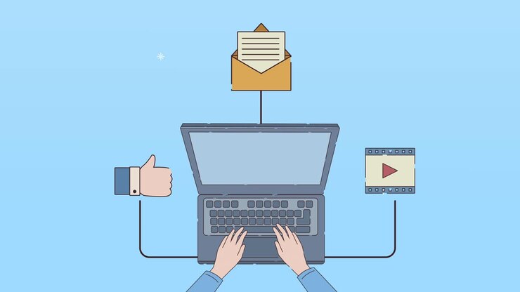 digital work animation with laptop and icons