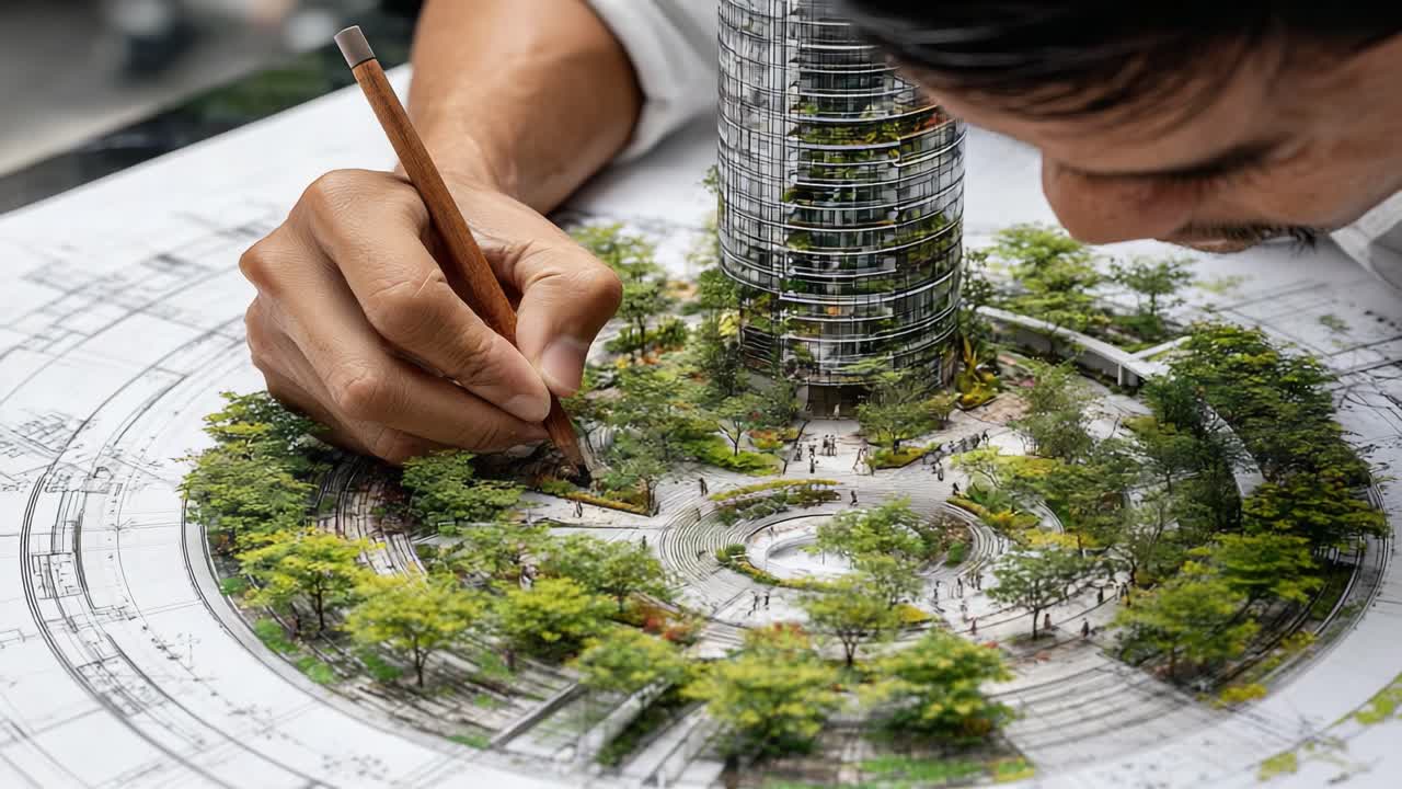 A Detailed Architectural Rendering of a Green Urban Space Featuring Tower Design and Lush Landscaping with a Focus on Precision Drawing Techniques