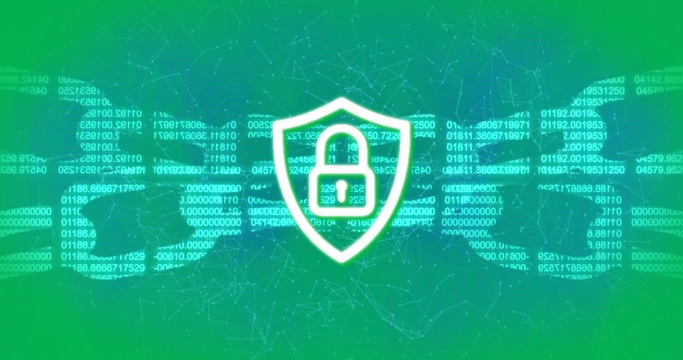 Digital Security Shield Icon with Data Streams on Green Background