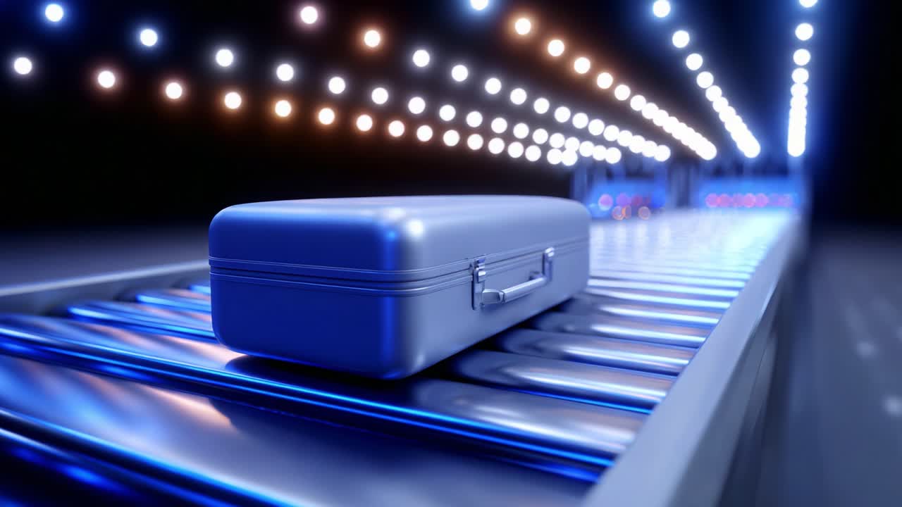 A detailed view of a sleek, modern suitcase gliding smoothly along a conveyor belt under vibrant, colorful lights, reflecting an atmosphere of motion and travel, encapsulating the essence of journey and adventure
