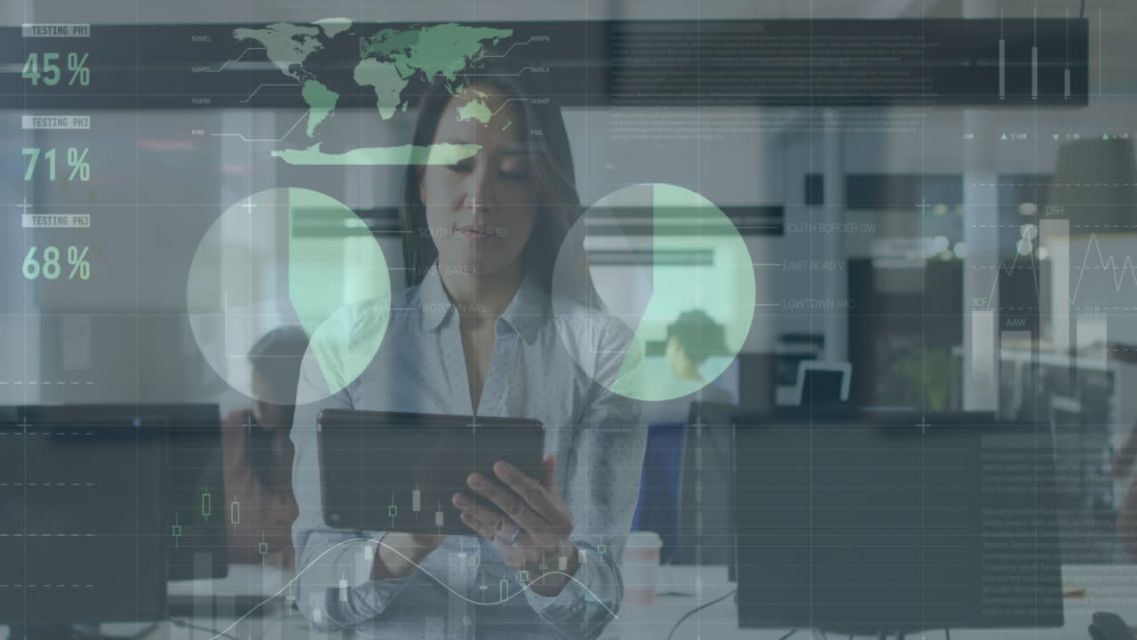 animación de múltiples gráficos moviéndose sobre mujer de negocios asiática usando tableta digital en la oficina